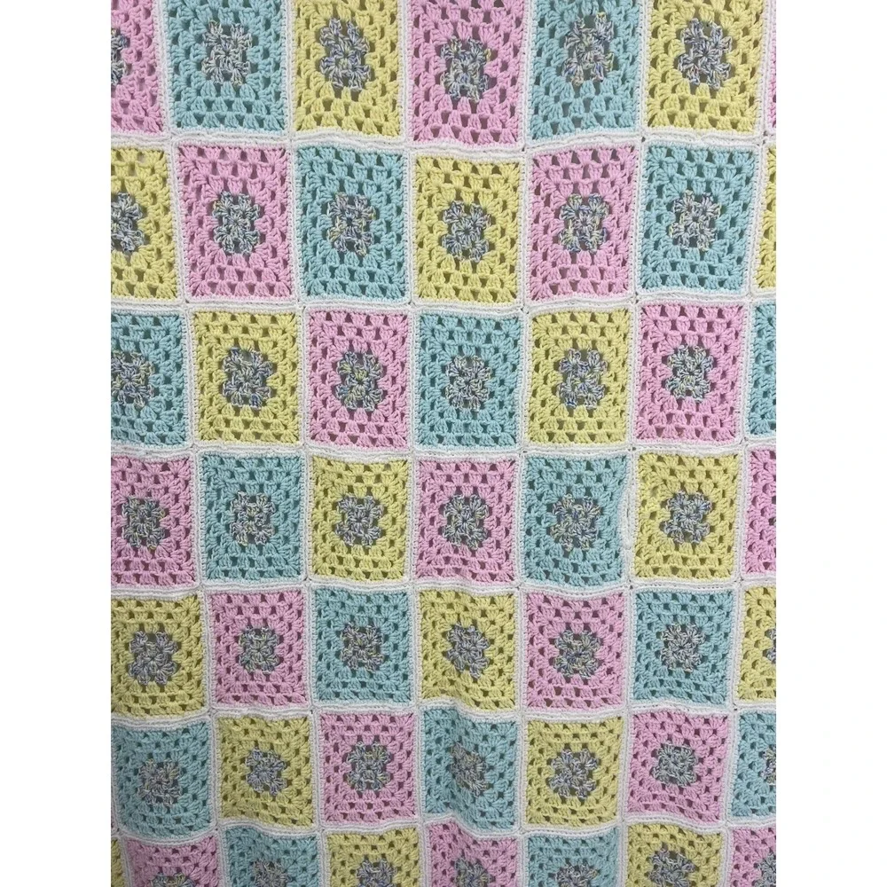 Vintage Pastel Afghan Granny Square Crocheted Baby Blanket Handmade 59 x 46